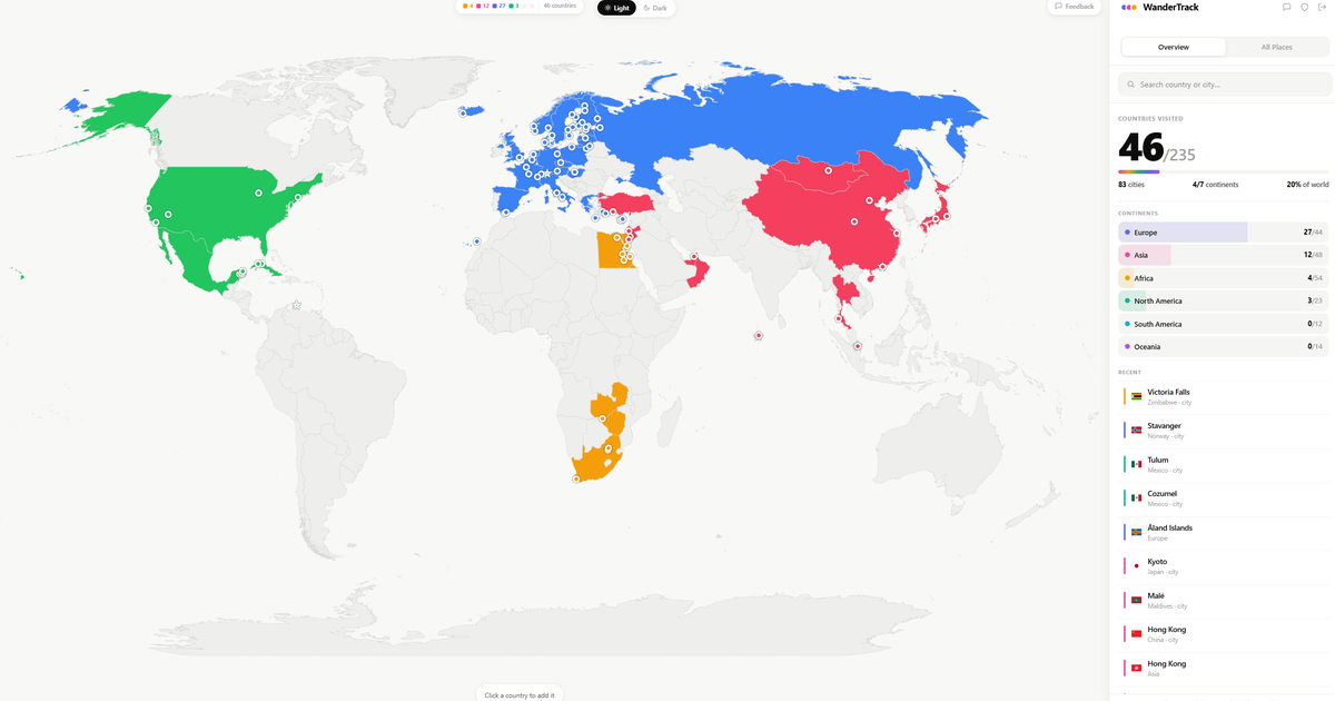WanderTrack app — interactive world map with visited countries highlighted by continent